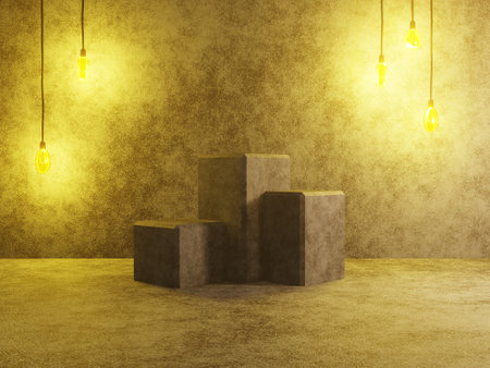 Abstract pedestal podium or platform - concrete cubes on concrete background with vintage lamps. 3D renderingの写真素材