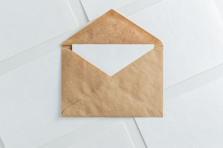 Blank white card in kraft brown envelope and paper cards  template mock upの写真素材