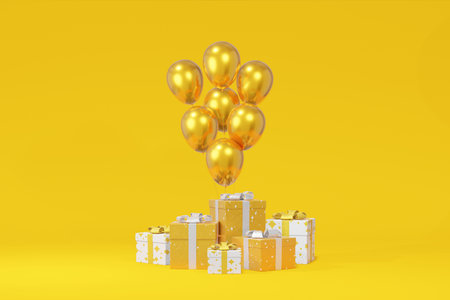 Festive gift box presentation, balloon yellow background. Advertising store sale. Concept black friday, christmas, new year. 3D renderingの写真素材
