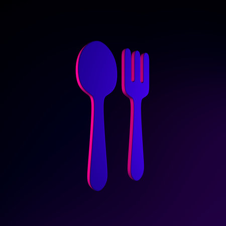 Neon spoon and fork icon in flat style. 3d rendering interface ui ux element. Dark glowing symbolの写真素材