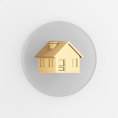Golden house icon. 3d rendering gray round key button, interface ui ux elementの写真素材