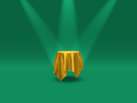 Podium, pedestal or platform covered with cloth illuminated by spotlights on white background. Abstract illustration of simple geometric shapes. 3D rendering.の写真素材