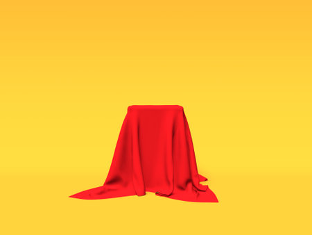 Podium, pedestal or platform covered with cloth on white background. Abstract illustration of simple geometric shapes. 3D rendering.の写真素材