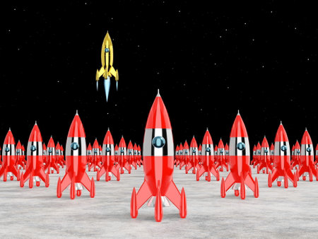 Space rocket - concept of success, leadership, startup, rivalry. 3D rendering.