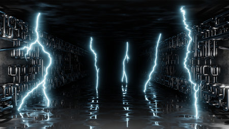 Sci-fi interior city landscape abstract podium modern technology design. Bright neon flashes of electricity, lightning. Pipe, cables, communication. 3D renderingの写真素材