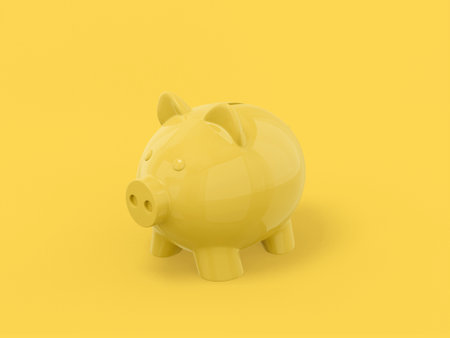 Yellow mono color piggy bank on yellow solid background. Minimalistic design object. 3d rendering icon ui ux interface element.の写真素材