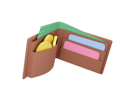 Open wallet with coins, bills and credit cards floating on a white background. 3d rendering