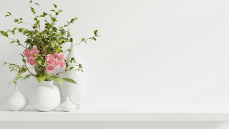 Mockup wall with ornamental plants and decoration item on shelf wooden,3d renderingの写真素材