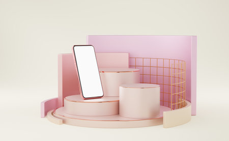 Old rose mobile on phone cylinder podium with copper border, gold grid, pink square wall on background. Pedestal luxury mockup space for display of app. smartphone with blank white screen. 3d render.の写真素材