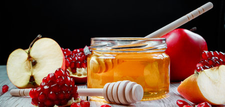 Rosh Hashanah celebration. Jar with honey, apples and pomegranates on a dark wooden background. Jewish traditional religious holiday. Place for your text, banner format.の写真素材