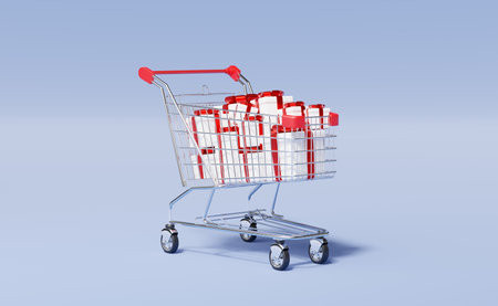 Shopping cart with red bow white gift box isolated on blue background. Marketing online and e-commerce concept. Shop trolley mockup realistic. Abstract minimal studio 3d rendering.の写真素材