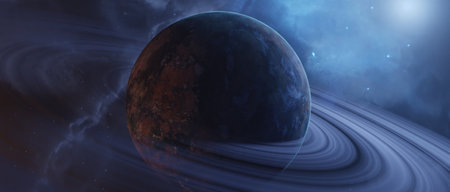 Panoramic view of planets 3D rendering.