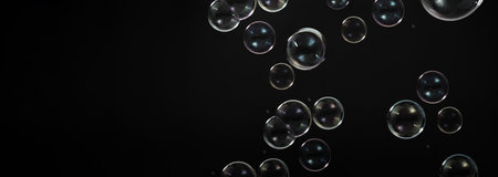 Soap bubble drop or Shampoo bubbles floating like flying in the air black background which represent...
