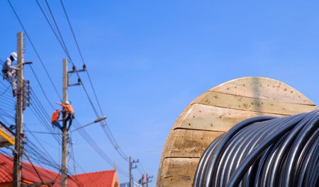 Wooden coil of electric cable with blurred background of electricians group working on power poles against blue skyの写真素材
