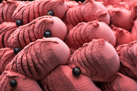 close-up of appetizing ice cream with berries, macro photographyの写真素材