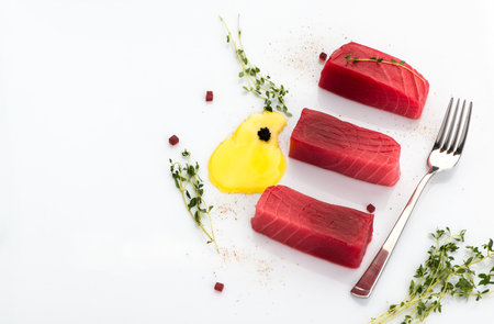 beautifully decorated pieces of meat on white backgroundの写真素材