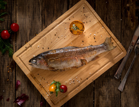 baked fish on a chopping board decorated with tomato and lemon, top viewの写真素材
