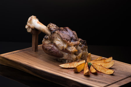 roast meat with bone on a wooden tray, dark background, isolatedの写真素材