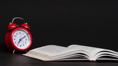 red alarm clock and open book on black background, isolated. back to schoolの写真素材
