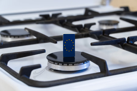 Shortage and gas crisis. European Union flag on off gas stoveの写真素材