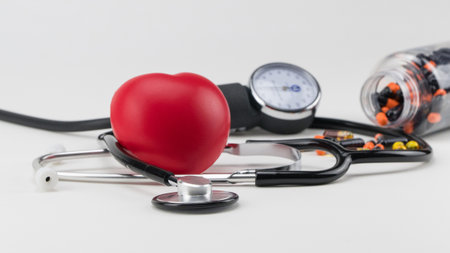 Stethoscope, pills and toy heart. Concept healthcare. Cardiology - care of the heartの写真素材