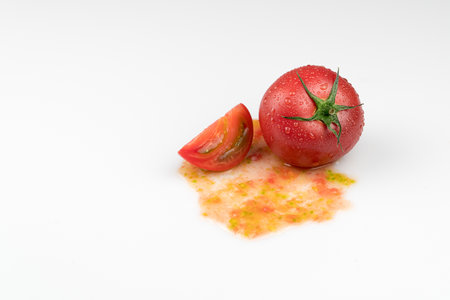 fresh wet tomatoes on a white background. sliced tomatoes with pulpの写真素材