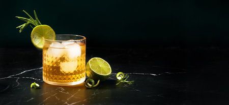 Alcoholic or non-alcoholic cocktail with lime and rosemary on dark marble table. Long wide bannerの写真素材