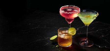 Alcoholic and non-alcoholic cocktails on dark marble table. Summer refreshments. Long wide banner