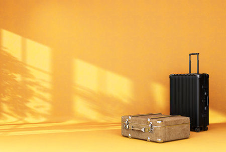 Black color luggage or baggage bag on yellow background for transportation travel. 3D Renderingの写真素材