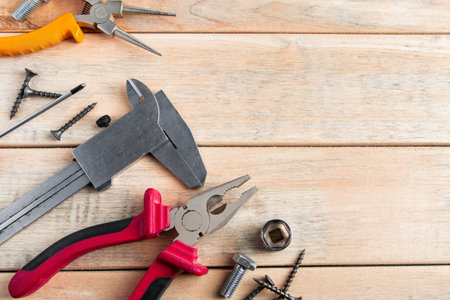 International Father's Day. Greeting card concept. Set of construction tools on a wooden background. Place for text.の写真素材