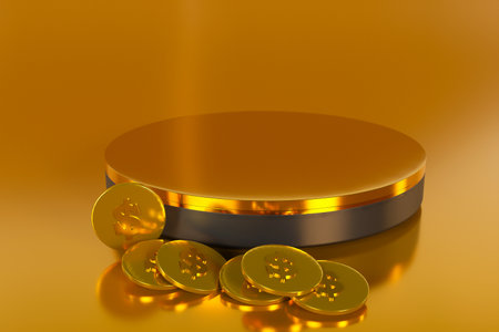 3D rendering Empty gold cylinder podium on golden background. Abstract minimal studio 3d geometric...