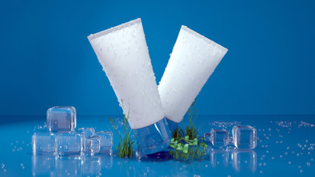 Cinema 4D rendering of a cream plastic bottle on a blue background for a cosmetic display