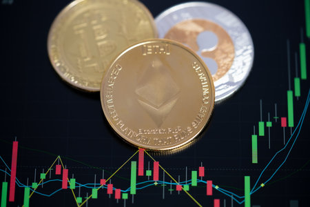 Focus select and blur Golden Ethereum ETH and bitcoin group cryptocurrency symbol and stock chart...