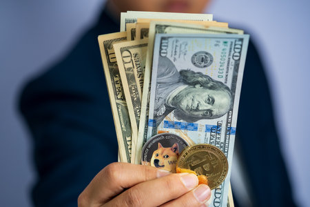 Dogecoin coin DOGE included with Cryptocurrency and stack 100 hundred new US dollar Money American on hand business man wearing a blue suit. Filed and put and give to me.の写真素材