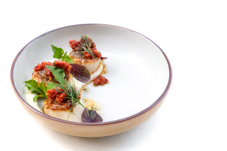 cream salad and oil on the streaming fresh scallop in white dish is the one of main course for the seafood lunchの写真素材