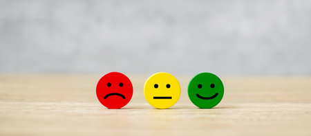 emotion face block. Customer choose Emoticon for user reviews. Service rating, ranking, customer review, satisfaction, mood, evaluation and feedback conceptの写真素材