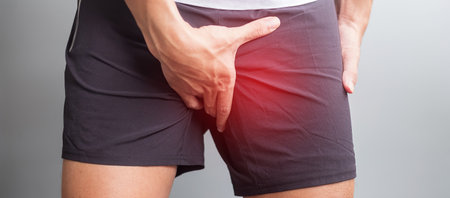 adult male with muscle pain during running. runner have leg ache due to Groin Pull, liotibial Band Syndrome (ITBS) or prostate cancer. Sports injuries and medical conceptの写真素材