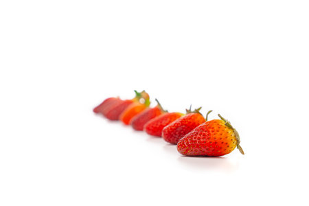 Fresh luxury Strawberry are arranged in the row and column with studio light on the white background.の写真素材