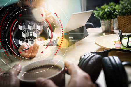Blockchain technology concept with a chain of encrypted blocks.businessman working with laptop...
