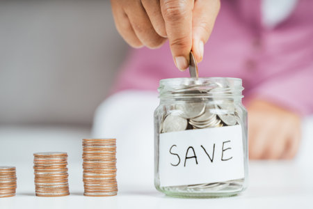 women hand putting money coin into glass jar for saving money. saving money and financial concept