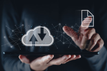 Man using digital tablet with virtual cloud computing with connection line.Cloud computing system...