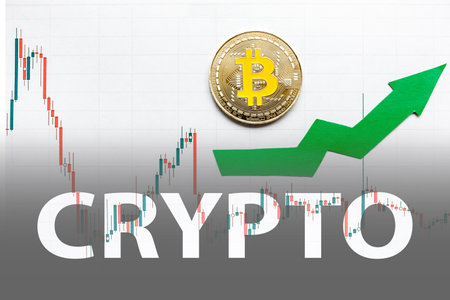 appreciation of virtual money bitcoin. Green arrow and silver Bitcoin on paper forex chart index...