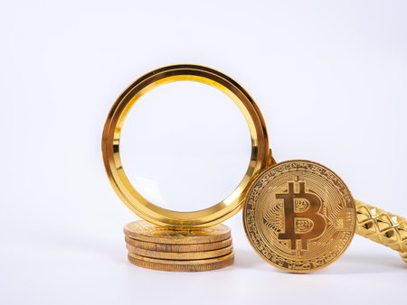 Golden Bitcoin replica and magnifying glass on white   background.Business and finance concept