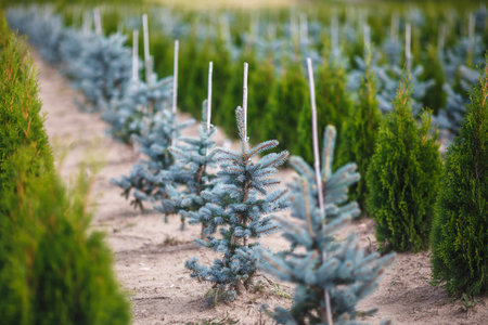 rows of young conifers in greenhouse with a lot of plants on plantationの写真素材