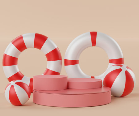 3d abstract minimalist geometric forms. Pastel luxury podium display for your design. Fashion show stage,pedestal, shopfront beach ball and swimming ring. Empty scene for  product presentation.の写真素材