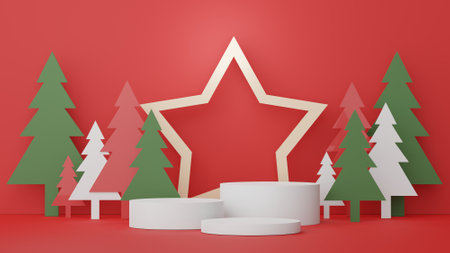 3d Display Podium for product and cosmetic presentation with Merry Christmas and Happy new year concept. Modern geometric. Platform for mock up and showing brand.の写真素材