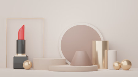 3d Display Podium for product and cosmetic presentation with lipstick and modern geometric. Platform for mock up and showing brand. Minimal clean design.の写真素材