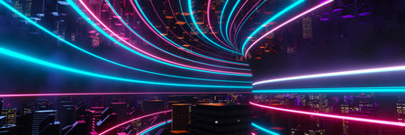 3d render of Cyber punk night city landscape concept. Light glowing on dark scene. Night life....