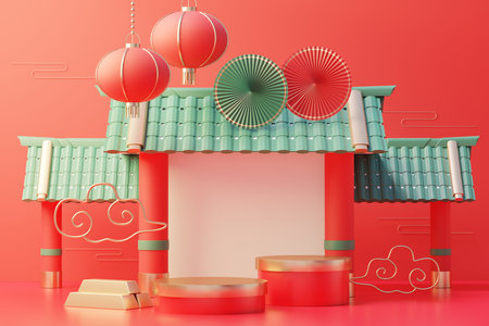 3d rendering of minimal scene of blank podium with Chinese lunar new year theme. Display stand for product presentation mock up. Cylinder stage in Chinese traditional texture with simple design.の写真素材