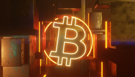 3d render of cryptocurrency Bitcoin with technology network neon laser light. Cryptocurrency digital currency concept. New virtual money exchange in blockchain.の写真素材